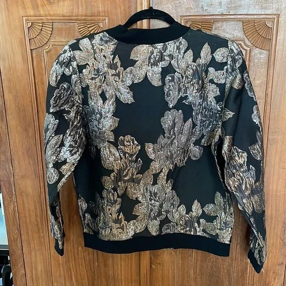 Black Dressy Bomber Jacket with Silver and Gold Leaf Print. Zipper closure. - Picture 2 of 4